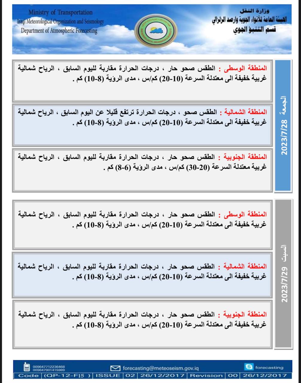 أعلنت هيئة الأنواء الجوية، اليوم الخميس، عن حالة الطقس في البلاد للأيام المقبلة، فيما توقعت انخفاضاً في درجات الحرارة الأسبوع المقبل.