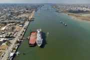 This aerial view shows the Logos Hope vessel, the world's largest floating bookfair, docked in the harbour of the southern Iraqi city of Basra on March 27, 2023. (Photo by Hussein FALEH / AFP) (Photo by HUSSEIN FALEH/AFP via Getty Images)