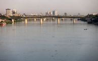 The Ahrar bridge across the Tigris river in central Baghdad is pictured at sunset on September 25, 2023. (Photo by Ahmad AL-RUBAYE / AFP) (Photo by AHMAD AL-RUBAYE/AFP via Getty Images)