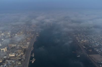 An aerial view shows the Shatt al-Arab waterway, formed at the confluence of the Tigris and Euphrates rivers, on a foggy morning in Basra on January 27, 2023. (Photo by Hussein FALEH / AFP) (Photo by HUSSEIN FALEH/AFP via Getty Images)