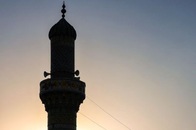 The decorated minaret of the Ottoman-era Wazir mosque, built in 1599 by the Ottoman governor Hassan Pasha, is pictured at sunset near al-Mutanabbi Street in central Baghdad on September 25, 2023. (Photo by Ahmad AL-RUBAYE / AFP) (Photo by AHMAD AL-RUBAYE/AFP via Getty Images)