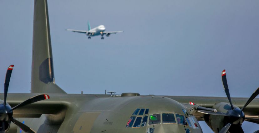 LARNACA, CYPRUS - APRIL 26: A Royal Air Force aircraft carrying British evacuees from Sudan, lands at Larnaca International Airport on April 26, 2023 in Larnaca, Cyprus. Military planes carrying British evacuees from Sudan continued arriving at the airport today with the UK Government promising many more flights over the coming days, if the ceasefire in Sudan holds. (Photo by Alexis Mitas/Getty Images)