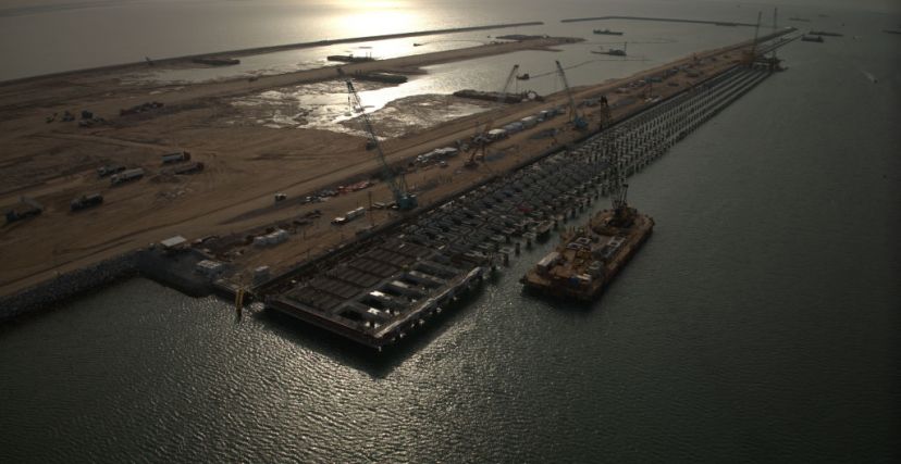 BASRAH, IRAQ - APRIL 25: An aerial view of the Grand Faw Port under construction in Basrah on the Persian Gulf, Iraq on April 25, 2023. The construction works of Grand Faw Port plan to be completed in 2025 and to become one of the largest ports in the Middle East. (Photo by Haidar Mohammed Ali/Anadolu Agency via Getty Images)